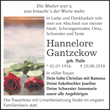 Traueranzeige von Hannelore Gantzckow von WVG - Wochenspiegel Bitterfeld