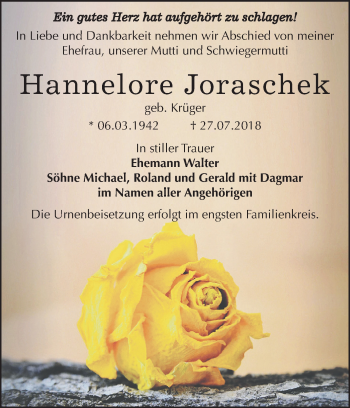 Traueranzeige von Hannelore Joraschek von Mitteldeutsche Zeitung Bernburg