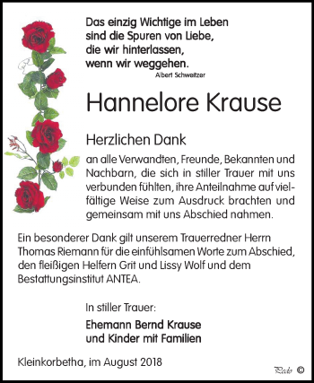 Traueranzeige von Hannelore Krause von Mitteldeutsche Zeitung Weißenfels