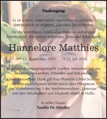 Traueranzeige von Hannelore Matthies von Mitteldeutsche Zeitung Halle/Saalkreis