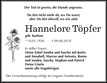 Traueranzeige von Hannelore Töpfer von Mitteldeutsche Zeitung Bitterfeld
