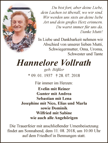 Traueranzeige von Hannelore Vollrath von Super Sonntag SGH Mansf. Land