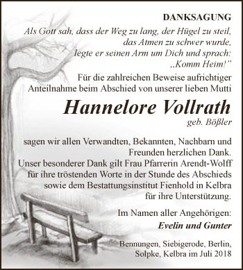 Traueranzeige von Hannelore Vollrath von Super Sonntag SGH Mansf. Land