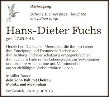 Traueranzeige von Hans-Dieter Fuchs von WVG - Wochenspiegel NMB / WSF / ZTZ
