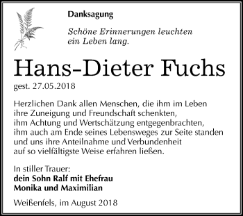 Traueranzeige von Hans-Dieter Fuchs von Mitteldeutsche Zeitung Weißenfels