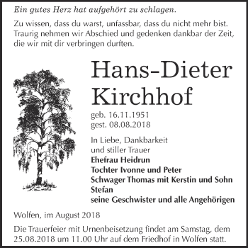 Traueranzeige von Hans-Dieter Kirchhof von WVG - Wochenspiegel Bitterfeld