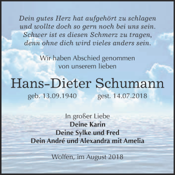 Traueranzeige von Hans-Dieter Schumann von WVG - Wochenspiegel Bitterfeld
