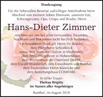 Traueranzeige von Hans-Dieter Zimmer von Mitteldeutsche Zeitung