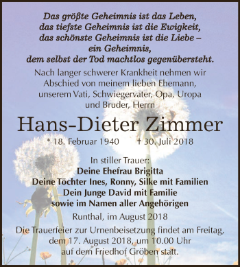 Traueranzeige von Hans-Dieter Zimmer von WVG - Wochenspiegel NMB / WSF / ZTZ