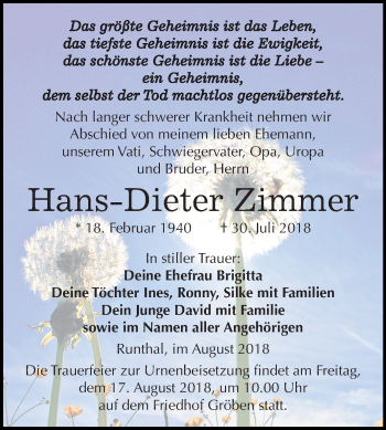Traueranzeige von Hans-Dieter Zimmer von Mitteldeutsche Zeitung Weißenfels