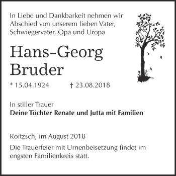 Traueranzeige von Hans-Georg Bruder von WVG - Wochenspiegel Bitterfeld