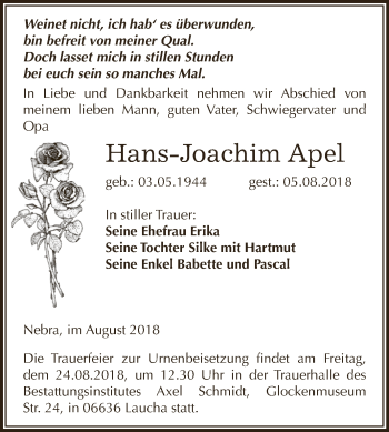 Traueranzeige von Hans-Joachim Apel von WVG - Wochenspiegel NMB / WSF / ZTZ