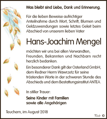 Traueranzeige von Hans-Joachim Mengel von Super Sonntag Zeitz