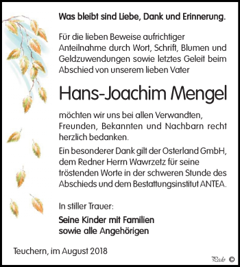 Traueranzeige von Hans-Joachim Mengel von Mitteldeutsche Zeitung Zeitz