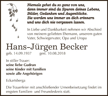 Traueranzeige von Hans-Jürgen Becker von WVG - Wochenspiegel NMB / WSF / ZTZ