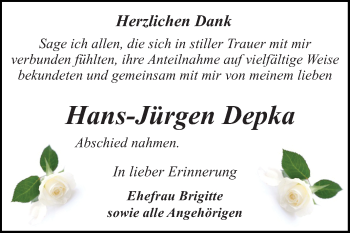 Traueranzeige von Hans-Jürgen Depka von Mitteldeutsche Zeitung Dessau-Roßlau
