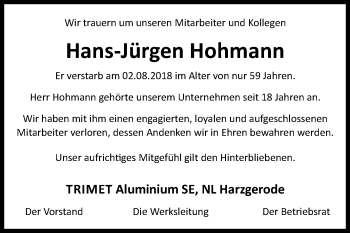 Traueranzeige von Hans-Jürgen Hohmann von Mitteldeutsche Zeitung Quedlinburg