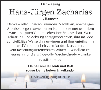 Traueranzeige von Hans-Jürgen Zacharias von WVG - Wochenspiegel Bitterfeld