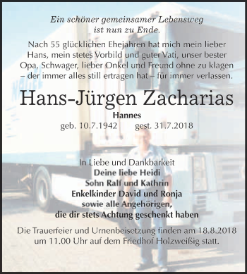 Traueranzeige von Hans-Jürgen Zacharias von WVG - Wochenspiegel Bitterfeld