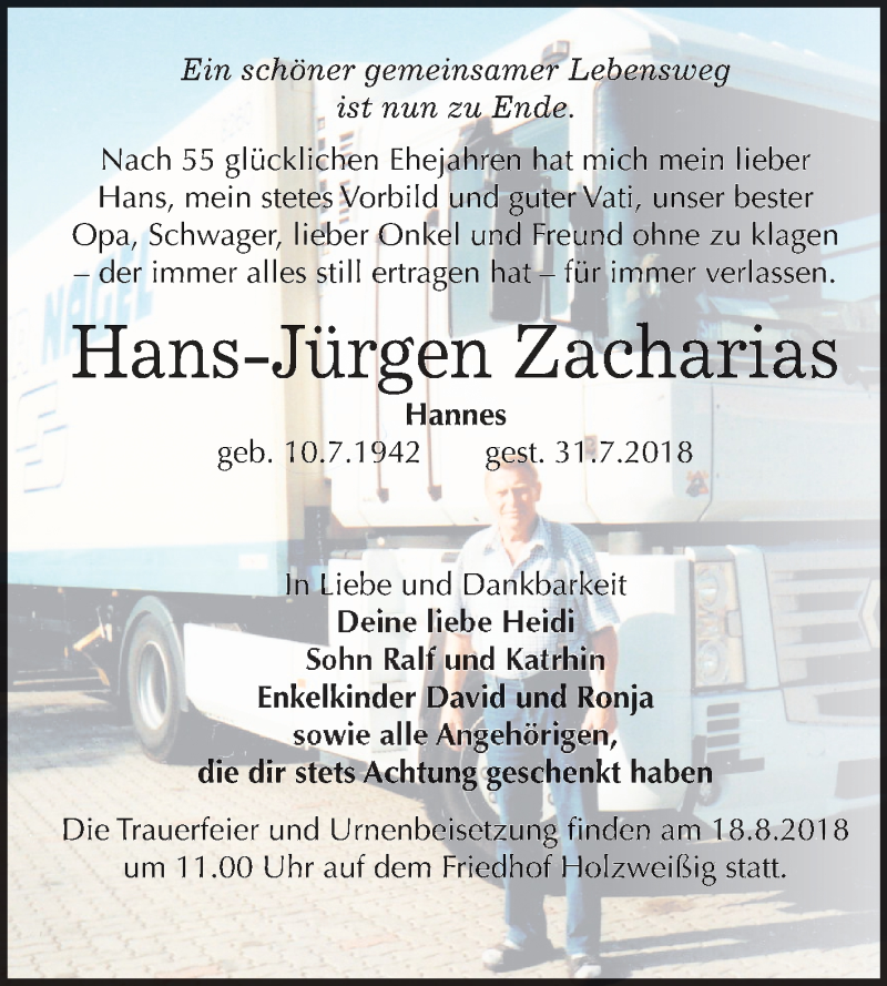  Traueranzeige für Hans-Jürgen Zacharias vom 11.08.2018 aus Mitteldeutsche Zeitung Bitterfeld