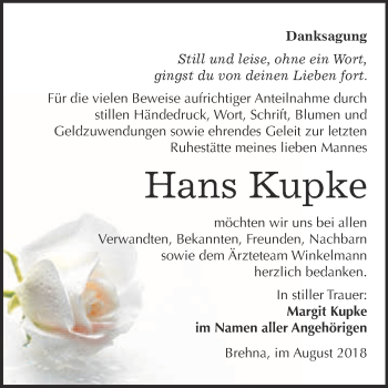 Traueranzeige von Hans Kupke von WVG - Wochenspiegel Bitterfeld