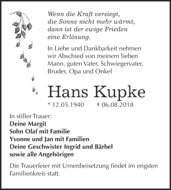 Traueranzeige von Hans Kupke von WVG - Wochenspiegel Bitterfeld