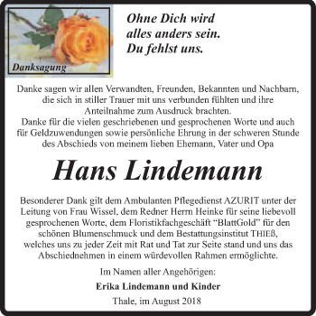 Traueranzeige von Hans Lindemann von Super Sonntag Quedlinburg