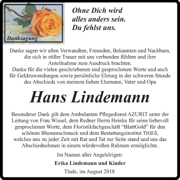 Traueranzeige von Hans Lindemann von Mitteldeutsche Zeitung Quedlinburg