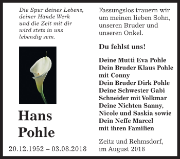 Traueranzeige von Hans Pohle von Mitteldeutsche Zeitung Zeitz