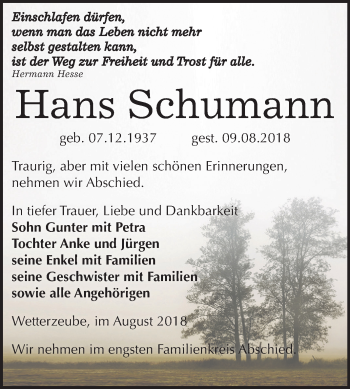 Traueranzeige von Hans Schumann von Mitteldeutsche Zeitung Zeitz