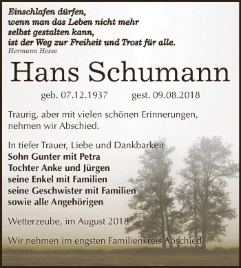 Traueranzeige von Hans Schumann von Super Sonntag Zeitz