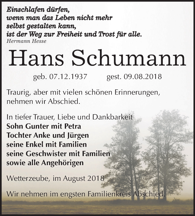  Traueranzeige für Hans Schumann vom 18.08.2018 aus Mitteldeutsche Zeitung Zeitz