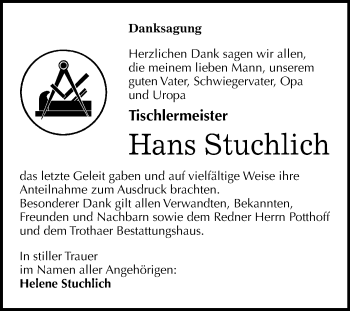 Traueranzeige von Hans Stuchlich von Mitteldeutsche Zeitung Halle/Saalkreis