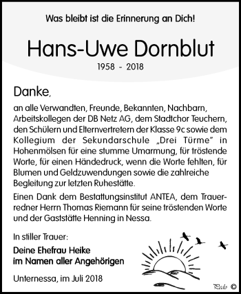 Traueranzeige von Hans-Uwe Dornblut von Mitteldeutsche Zeitung Weißenfels