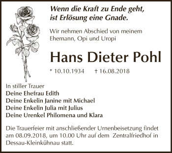 Traueranzeige von Hans Dieter Pohl von WVG - Wochenspiegel Dessau / Köthen