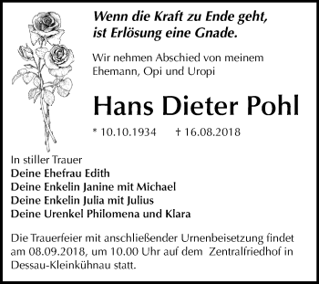 Traueranzeige von Hans Dieter Pohl von Mitteldeutsche Zeitung Dessau-Roßlau