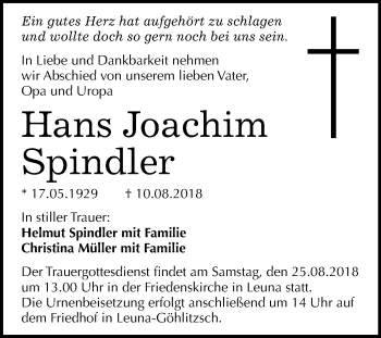 Traueranzeige von Hans Joachim Spindler von WVG - Wochenspiegel Merseburg