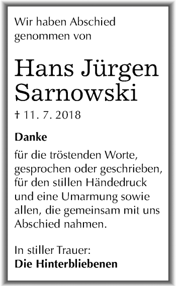 Traueranzeige von Hans Jürgen Sarnowski von Mitteldeutsche Zeitung Dessau-Roßlau