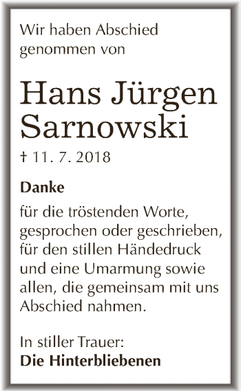 Traueranzeige von Hans Jürgen Sarnowski von WVG - Wochenspiegel Dessau / Köthen