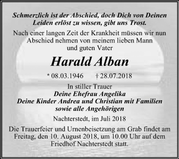 Traueranzeige von Harald Alban von Mitteldeutsche Zeitung Aschersleben