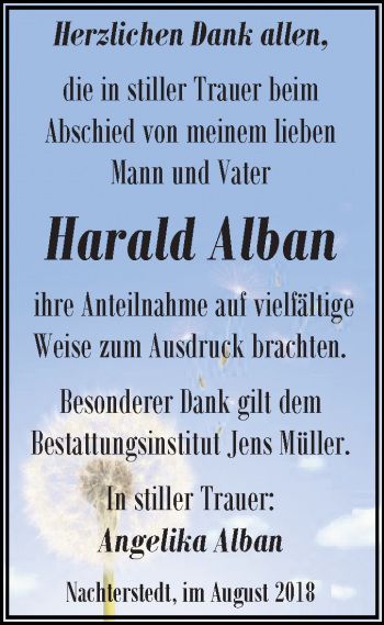 Traueranzeige von Harald Alban von Mitteldeutsche Zeitung Aschersleben