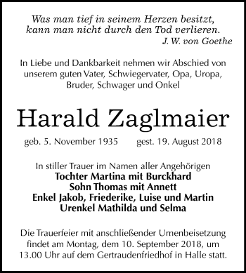 Traueranzeige von Harald Zaglmaier von Mitteldeutsche Zeitung Halle/Saalkreis