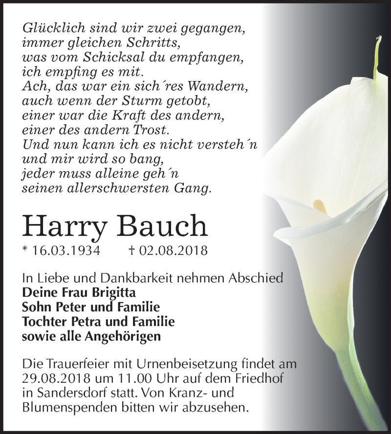  Traueranzeige für Harry Bauch vom 17.08.2018 aus Mitteldeutsche Zeitung Bitterfeld