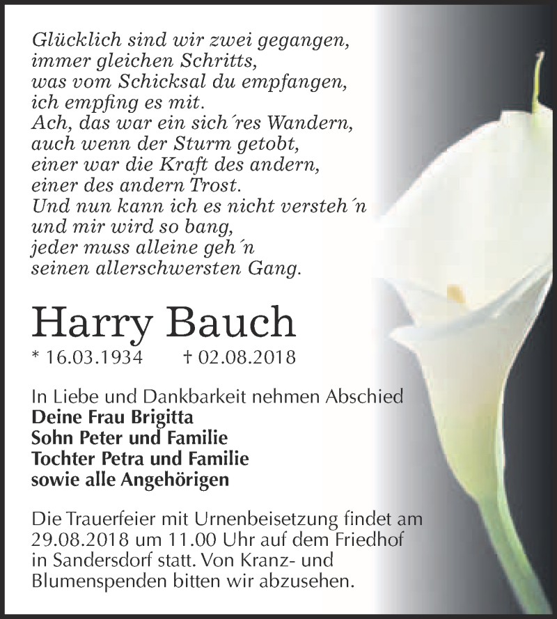  Traueranzeige für Harry Bauch vom 15.08.2018 aus WVG - Wochenspiegel Bitterfeld