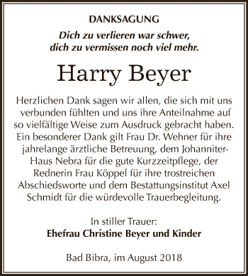 Traueranzeige von Harry Beyer von WVG - Wochenspiegel NMB / WSF / ZTZ