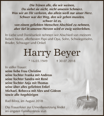 Traueranzeige von Harry Beyer von WVG - Wochenspiegel NMB / WSF / ZTZ