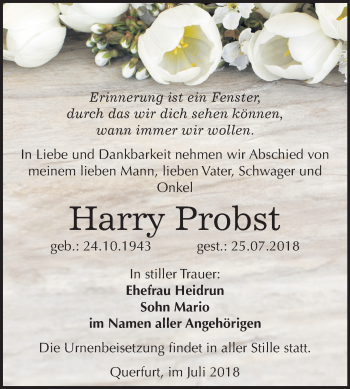 Traueranzeige von Harry Probst von Mitteldeutsche Zeitung Merseburg/Querfurt