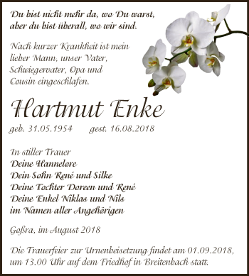 Traueranzeige von Hartmut Enke von Super Sonntag Zeitz