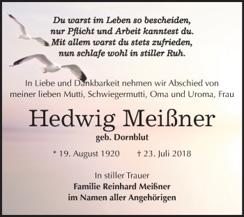 Traueranzeige von Hedwig Meißner von Mitteldeutsche Zeitung Weißenfels