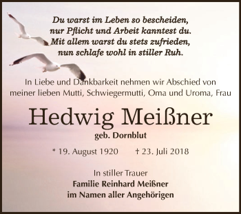 Traueranzeige von Hedwig Meißner von WVG - Wochenspiegel NMB / WSF / ZTZ